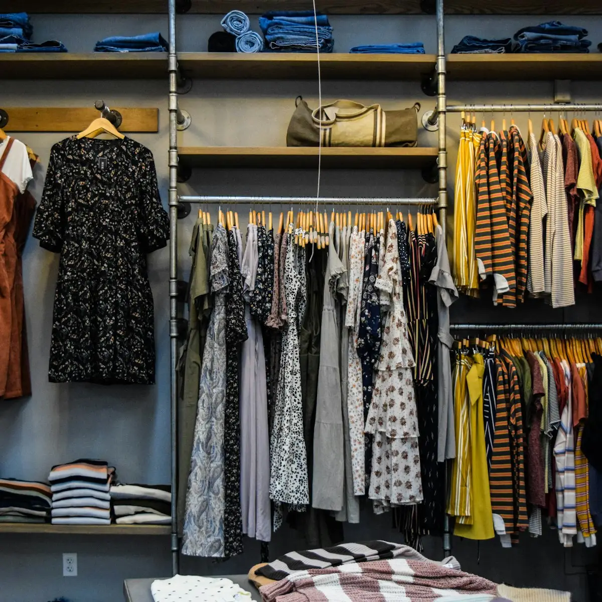Showroom de ropa con perchas y estantes, ejemplo de tienda montada con pacas al mayor
